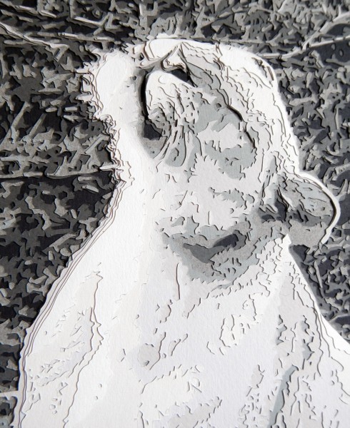 A close-up of the Lioness reveals the different layers of paper used to create the image.